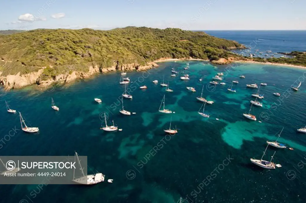 Aerial view of boats in the bay and the beach La Courtade, Porquerolles, Iles d'Hyeres, France, Europe