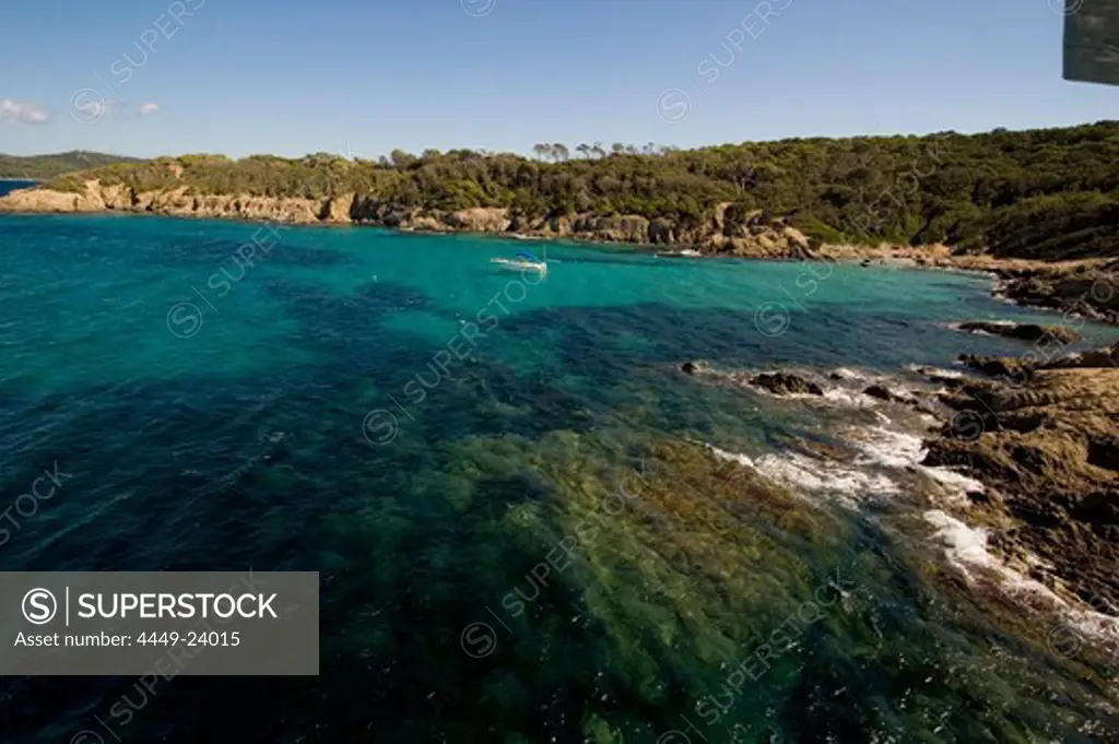 Aerial view of a bay on Porquerolles, Iles d'Hyeres, France, Europe