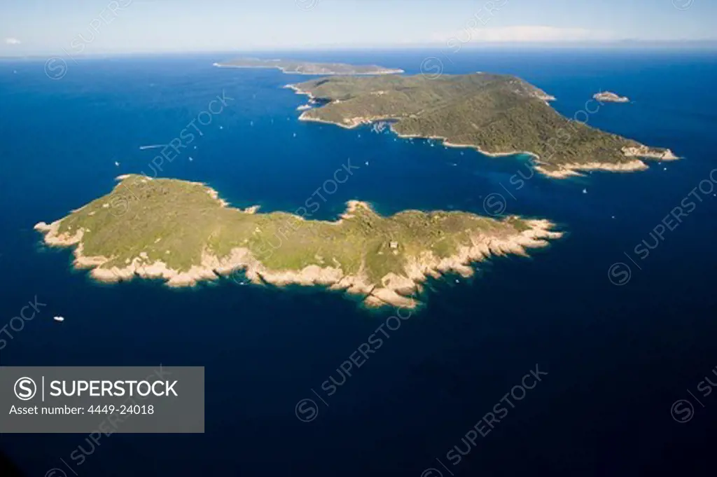 Aerial view of Islands in the sea, Port Cros with Baugaud, Iles d'Hyeres, France, Europe