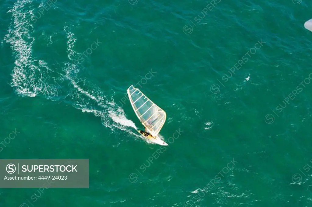 Aerial view of a sail boarder in the sea, Iles d'Hyeres, France, Europe