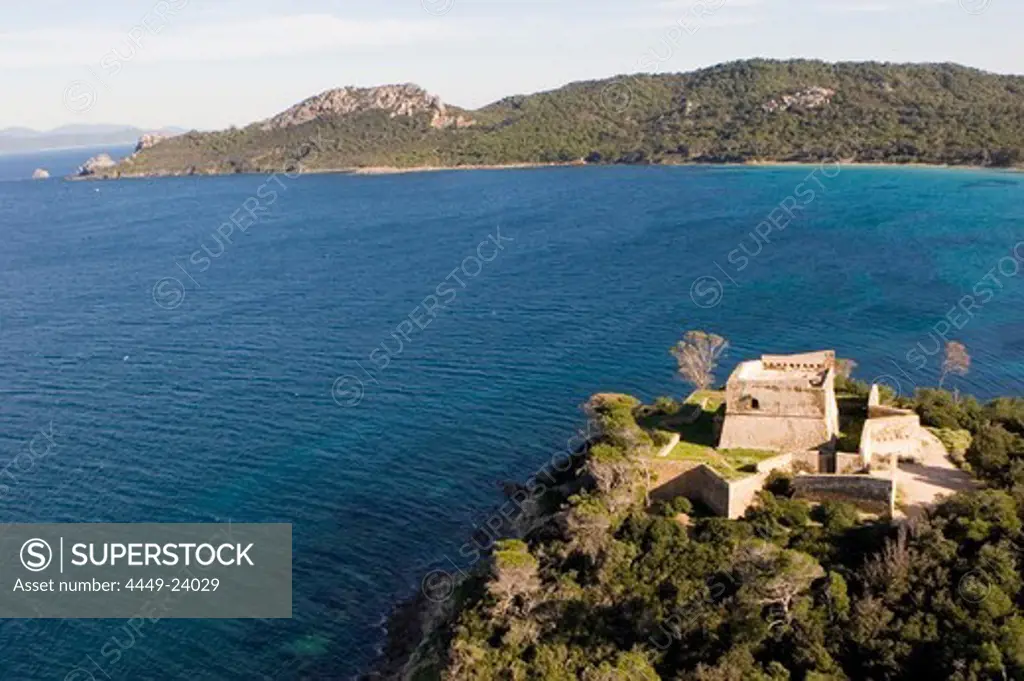 Aerial view of a fort at Porquerolles, Iles d'Hyeres, France, Europe
