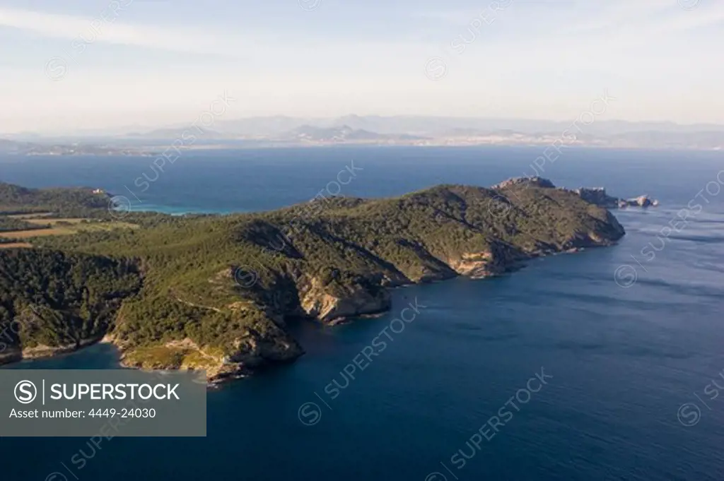 Aerial view of the island Porquerolles, Iles d'Hyeres, France, Europe