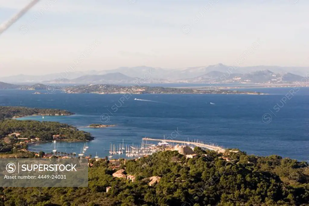 Aerial view of a seaport and coastline, Porquerolles, Iles d'Hyeres, France, Europe