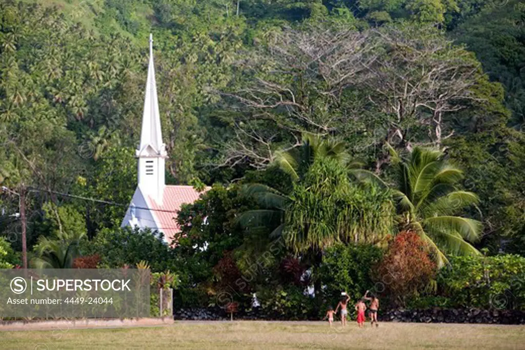 Church of Omoa between trees, Fatu Hiva, Marquesas, Polynesia, Oceania
