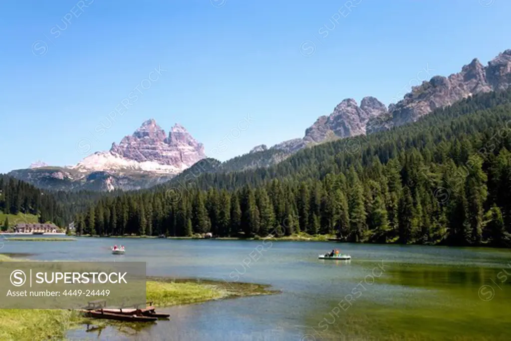 Lake Misurina, Tre Cime di Lavaredo in the background, Dolomites, Veneto, Italy