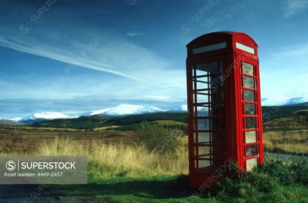 Red telephone box, Grampian Mountains, Scotland, Great Britain