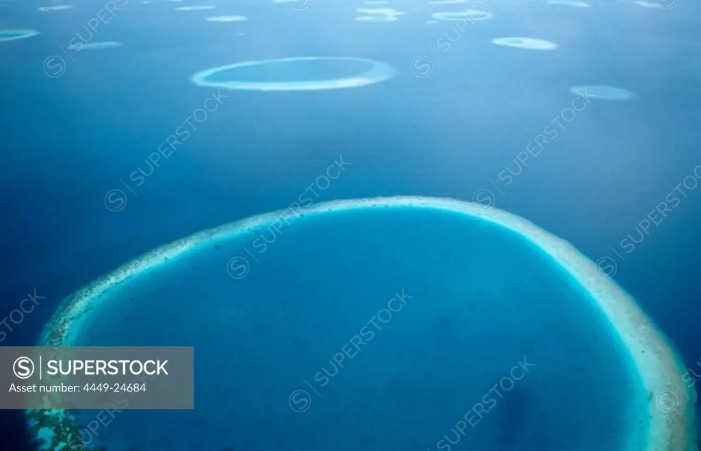 Aerial View of Maldivan Atoll and Coral Reefs, Maldives, Indian Ocean, Ari Atoll