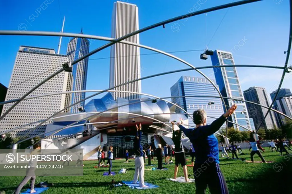 Gymnastics at Jay Pritzker Pavillon of Frank Gehry at Millenium Park, Chicago, Illinois, USA