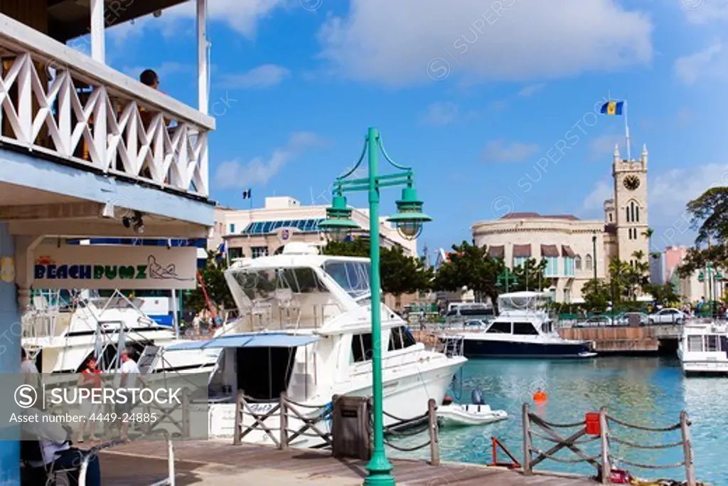 View over marina to parliament building and Waterfront Cafe, Bridgetown, Barbados, Caribbean