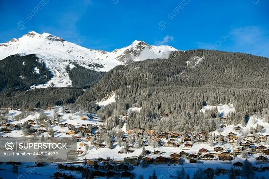 View over Grindelwald with mountains in background, Grindelwald, Bernese Oberland, Canton of Bern, Switzerland