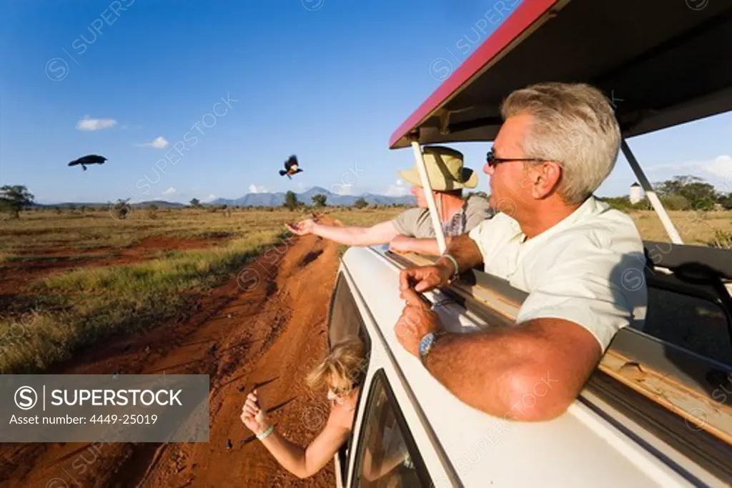 Tourists in a safari bus feeding birds, Taita Hills Game Reserve, Coast, Kenya