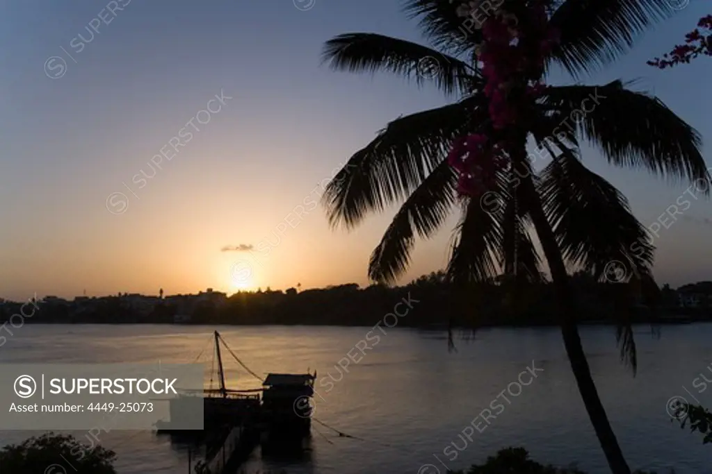 View on ship Dhau of the restaurant Tamarind in sunrise, Mombasa, Kenya