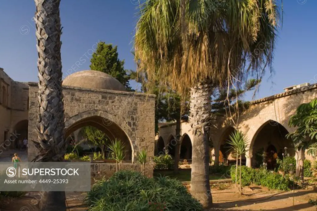 Agia Napa Monastery with fountain and palm trees, Conference centre, Council of Churches, Agia Napa, Cyprus