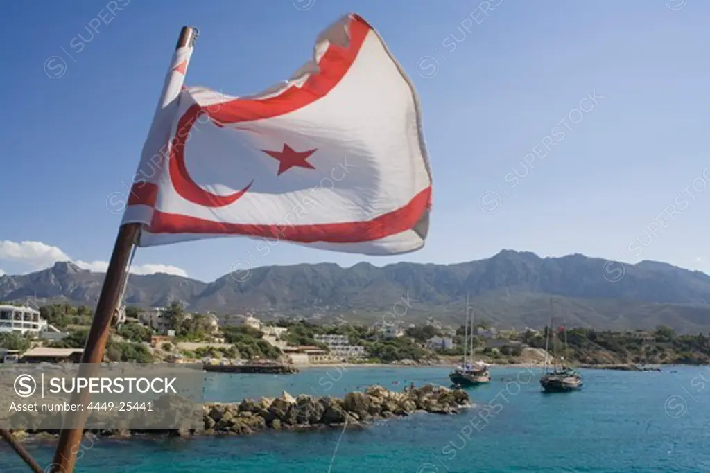 Neptun Pirate boat trip, by Kaleidoskop Turizm, and coast, with flag of the Turkish Republic of Northern Cyprus, Kyrenia, Girne, Cyprus