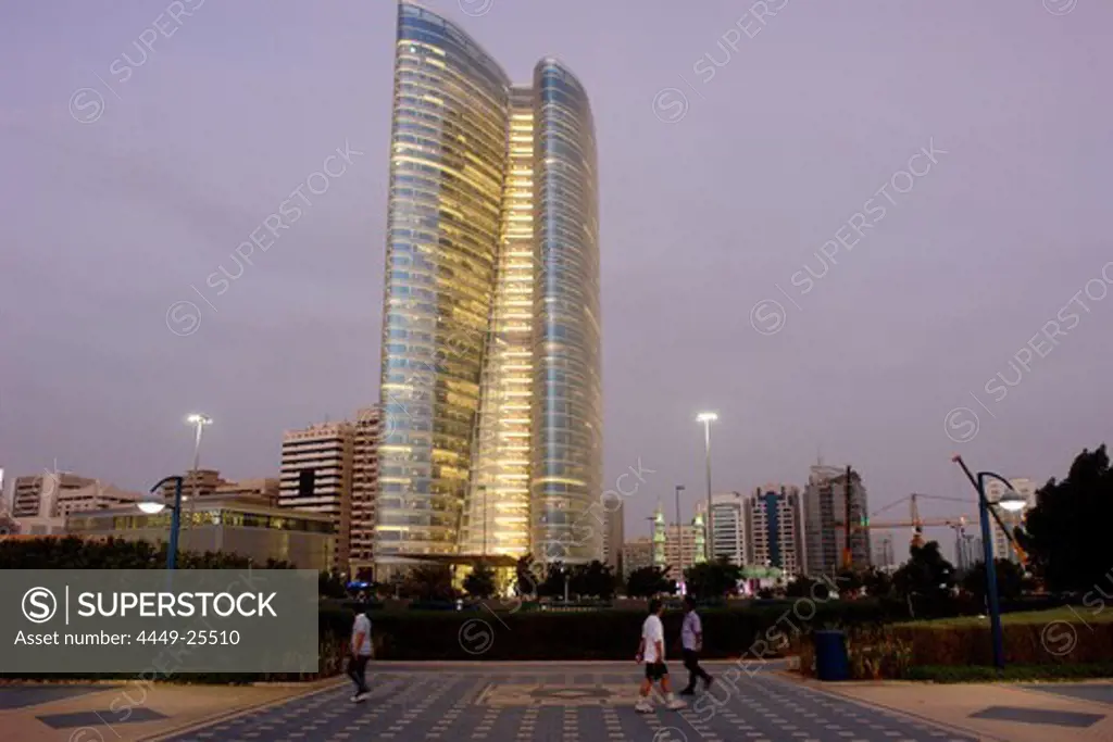 Abu Dhabi Investment Authority, ADIA, in the evening light, Abu Dhabi, United Arab Emirates, UAE