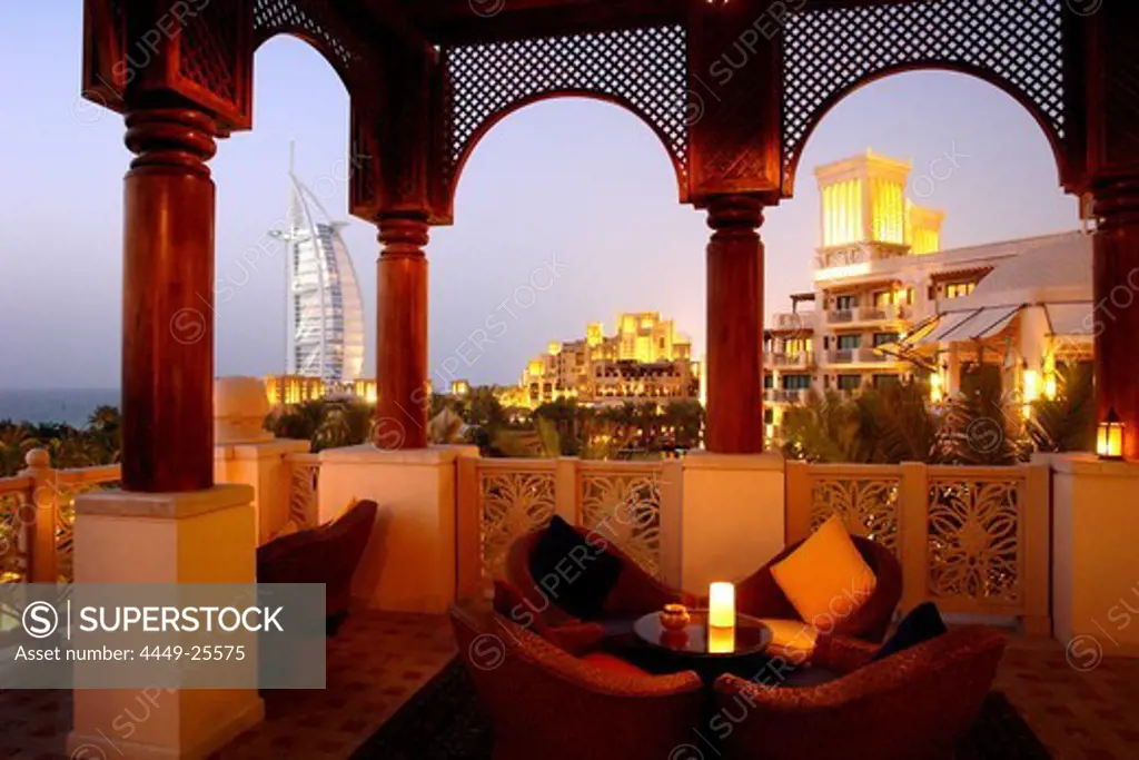 Al Qasr Hotel restaurant, Madinat Jumeirah with Burj al Arab in the background, Dubai, United Arab Emirates, UAE