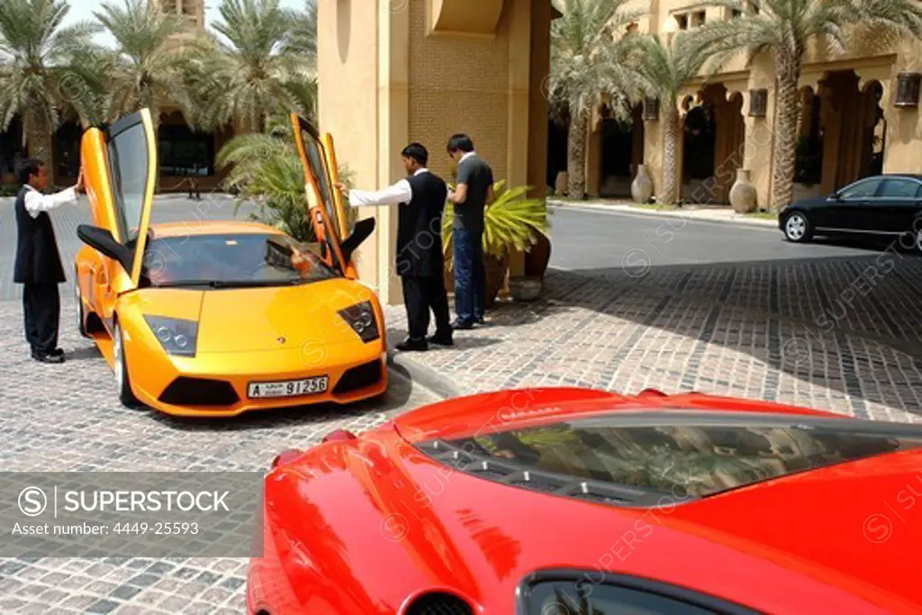 Luxury sport Cars outside Mina A Salam Hotel, Dubai, United Arab Emirates, UAE