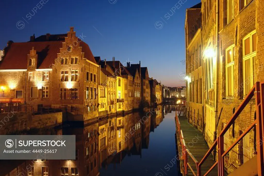 Old Town of Ghent at night, Reflection in the water, Flanders, Belgium