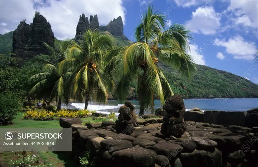 An archaeological site in the village of Hatiheu on the island of Nuku Hiva, French Polynesia