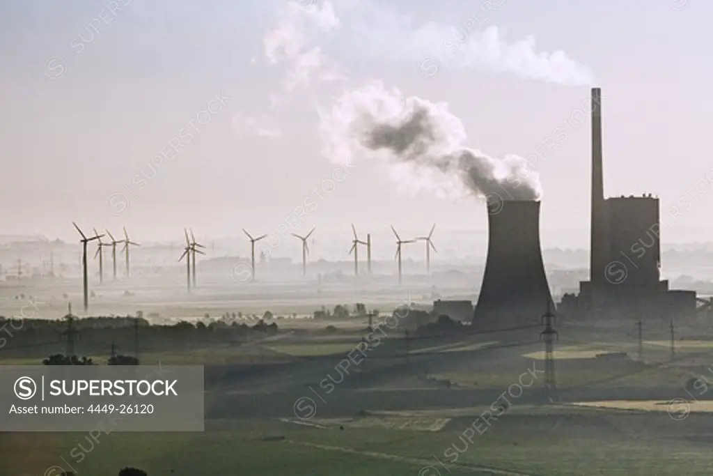 aerial view of coal power station, and wind turbines, Mehrum, Hanover, Lower saxony, northern Germany