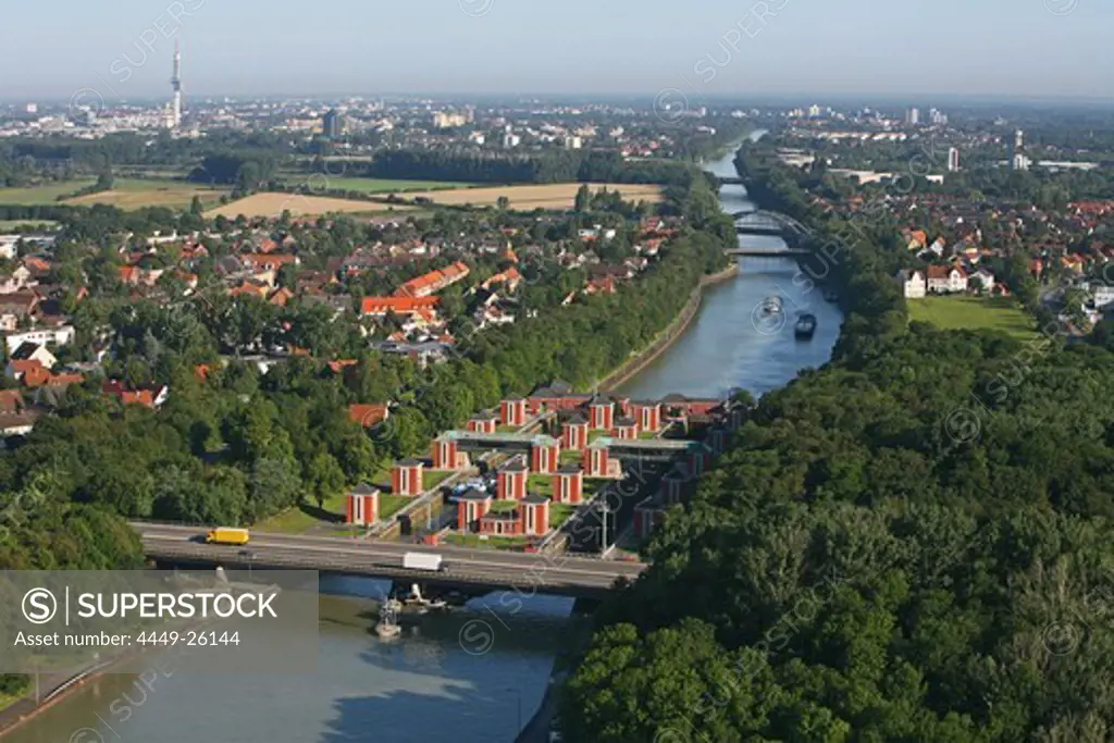 aerial view of the Hindenburg locks on the Mittelland Canal Midland Canal, in Anderten, Hanover Lower saxony, northern Germany