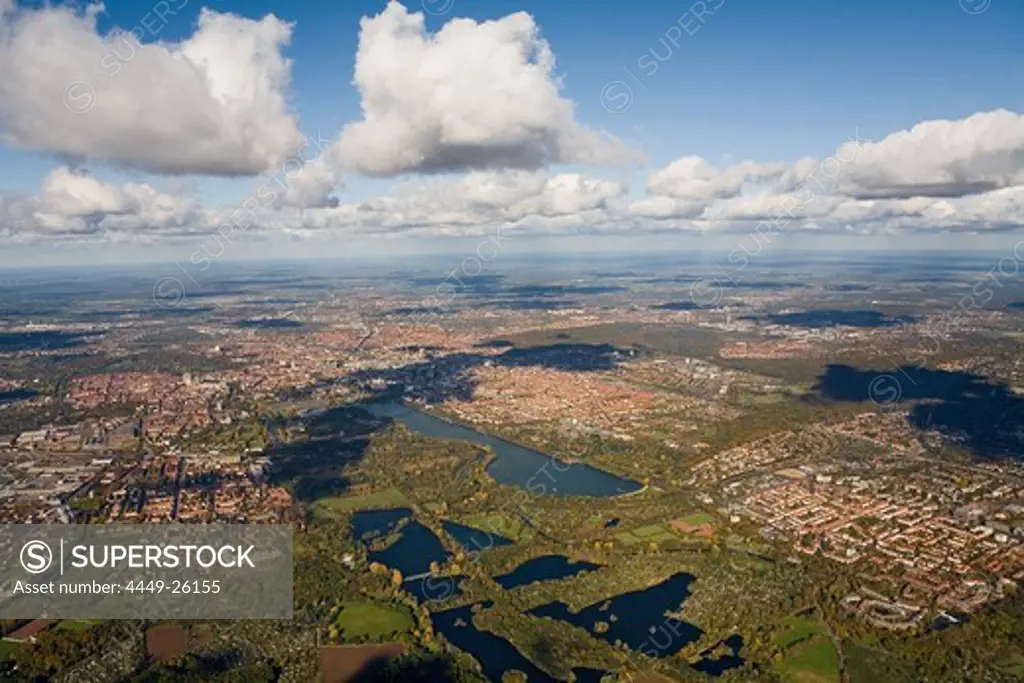 aerial panorama of Hanover, clouds above Maschsee Lake, Lower Saxony, Niedersachsen