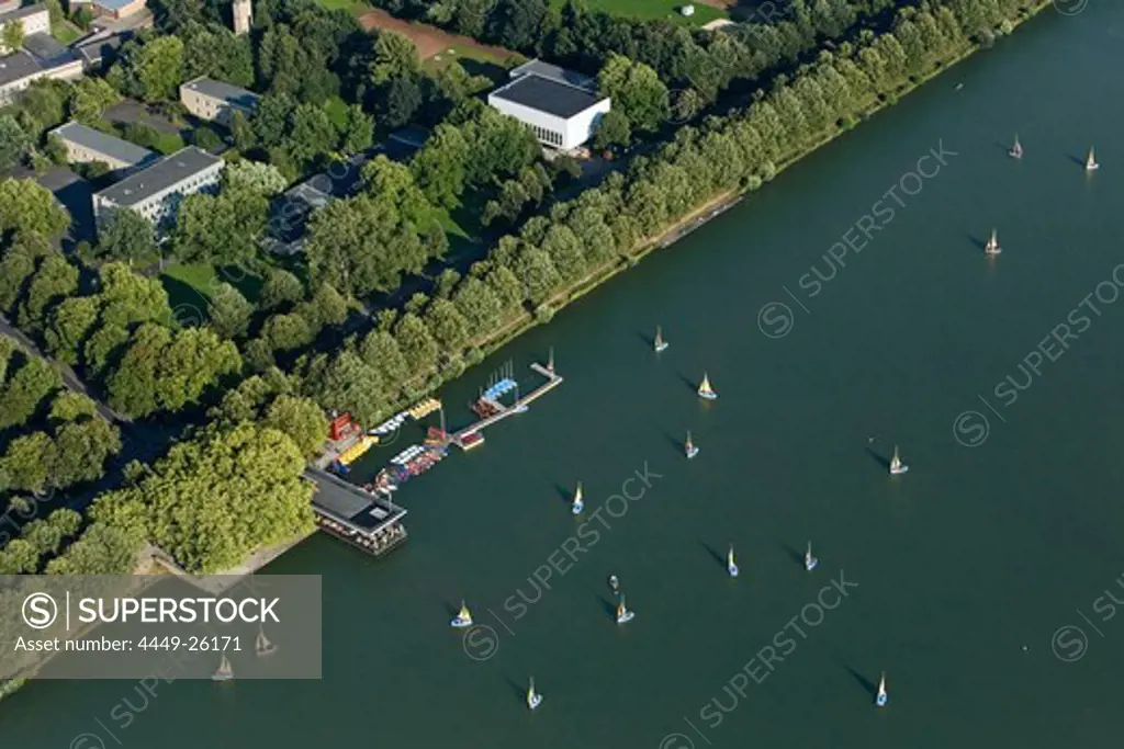 aerial view of Machsee Lake in Hannover Pier 51 restaurant and sailing boats, avenue of trees, Hanover, Lower Saxony, northern Germany