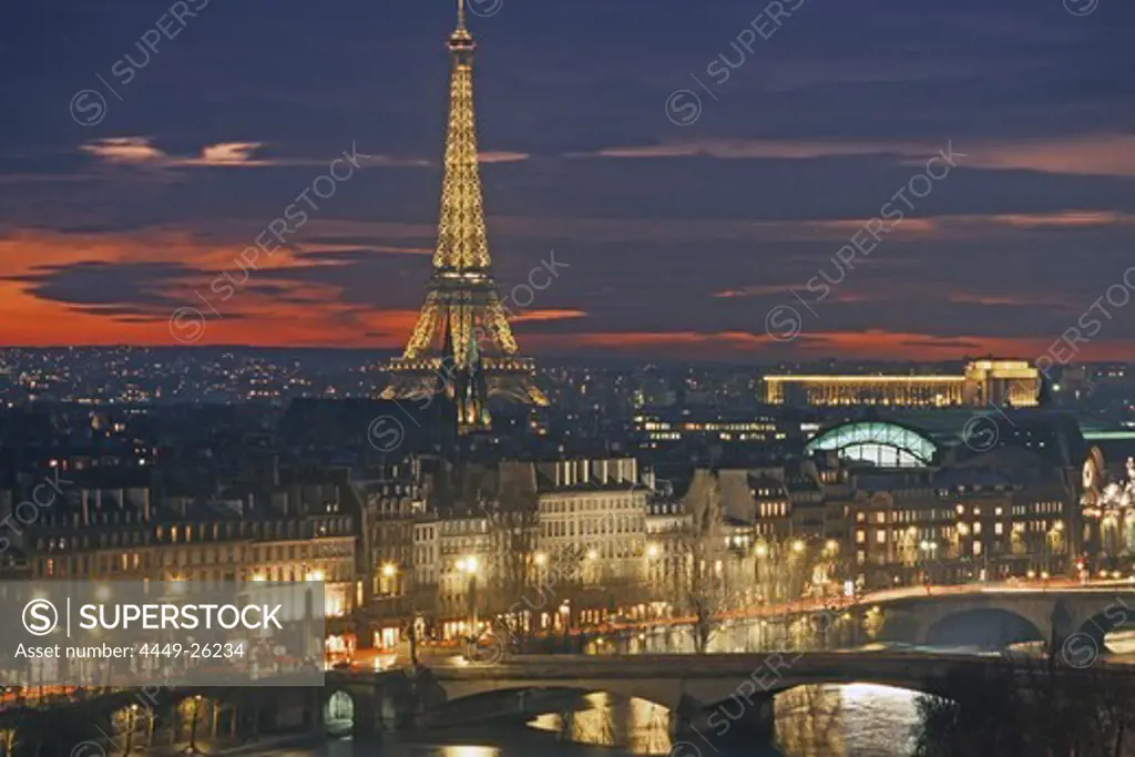 Paris at night, city lights, Eiffel Tower and Seine, engineer Gustave Eiffel, 1889, Paris, France