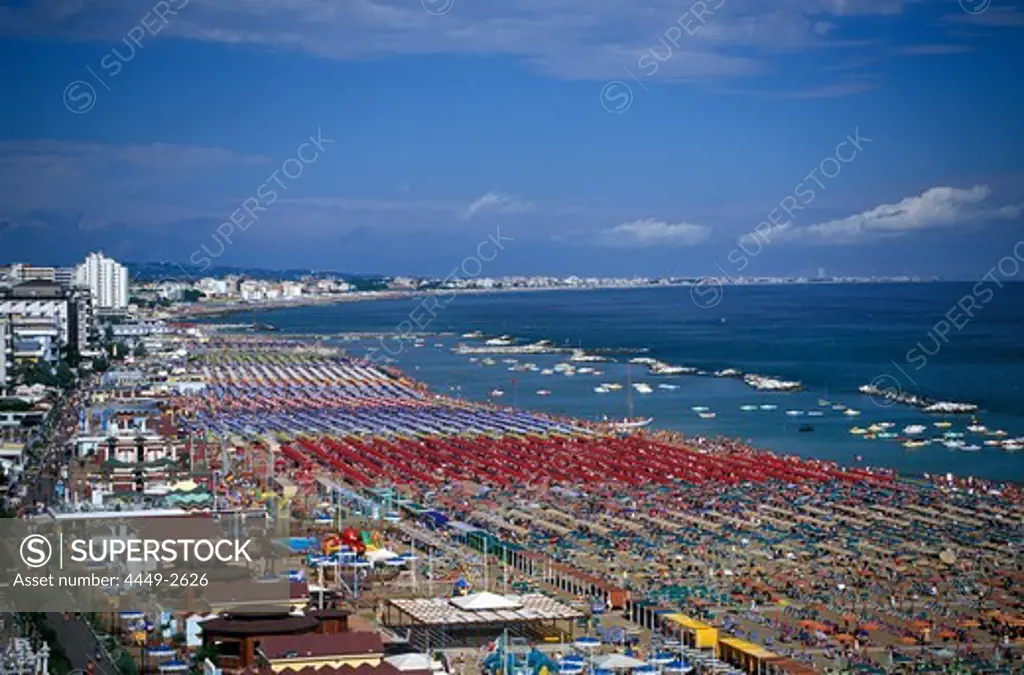 View of beach with sunshades, Cattolica, Adriatic Coast, Italy, Europe