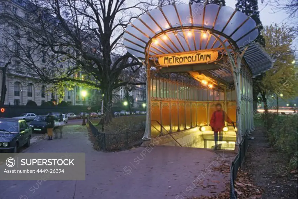 Entrance to the subway in the evening, Porte Dauphine, Paris, France, Europe