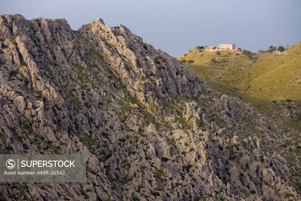 Limestone Rocks and Finca in Serra de Tramuntana Mountains, Near Escorca, Mallorca, Balearic Islands, Spain