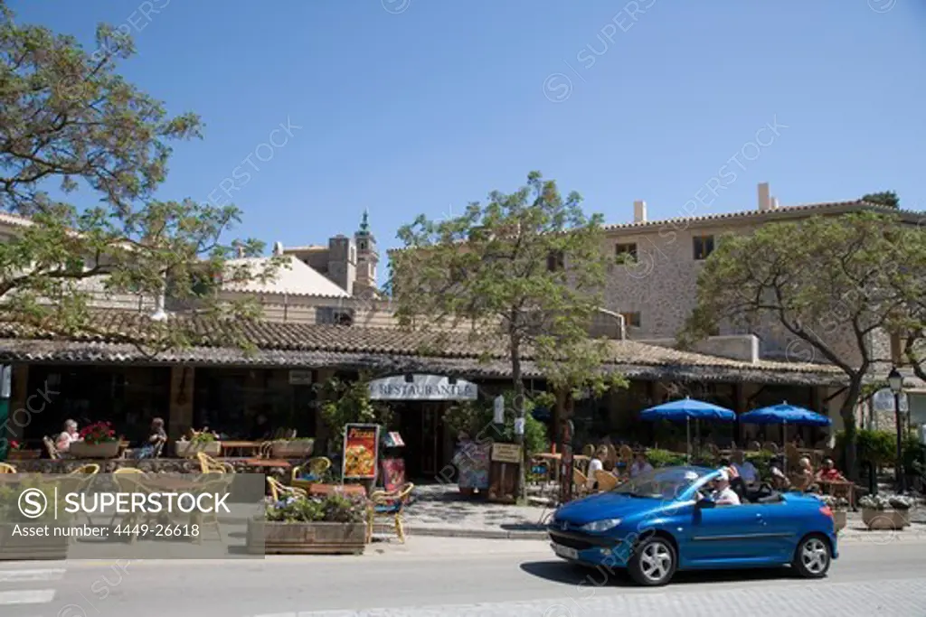 Blue Convertible and Outdoor Restaurant Seating, Valldemossa, Mallorca, Balearic Islands, Spain
