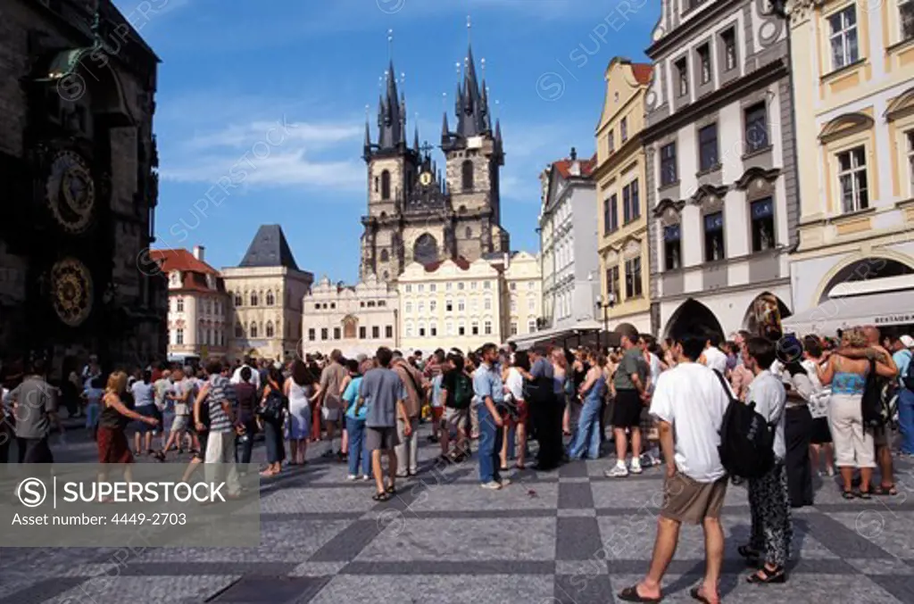 People at Old Town Square with Tyn Church, Prague, Czechia, Europe