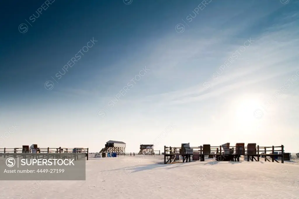 Beach chairs on the beach in the sunlight, St. Peter Ording, Eiderstedt peninsula, Schleswig Holstein, Germany, Europa
