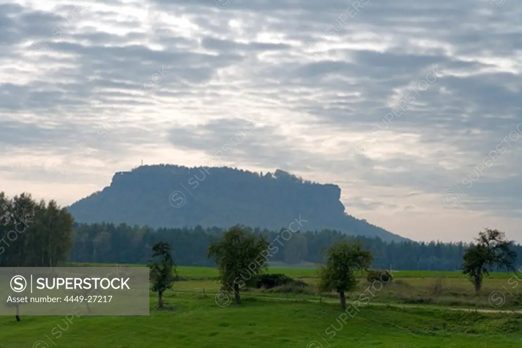 View at mount Lilienstein under clouded sky, Saxon Switzerland, Elbsandsteingebirge, Saxony, Germany, Europe