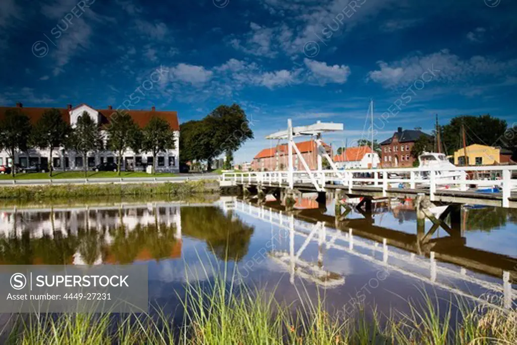 View at a bascule bridge and the harbour of Toenning, Eiderstedt peninsula, Schleswig Holstein, Germany, Europe