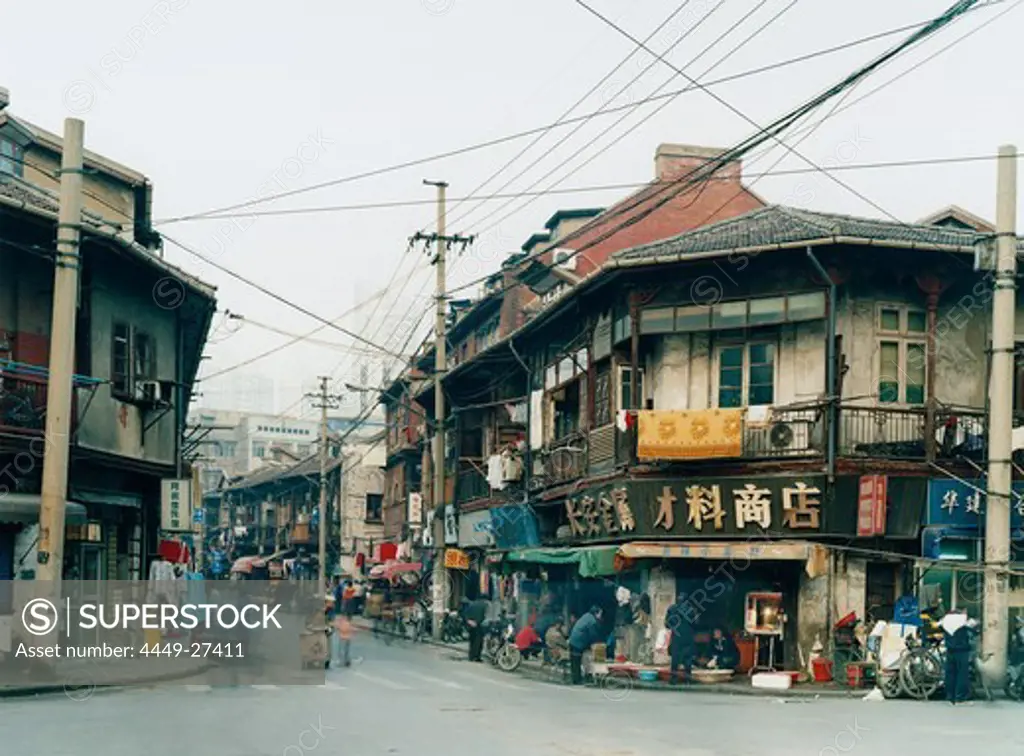 Street with typical houses, longtangs und shops, Urban development, Emei Lu, Shanghai, China