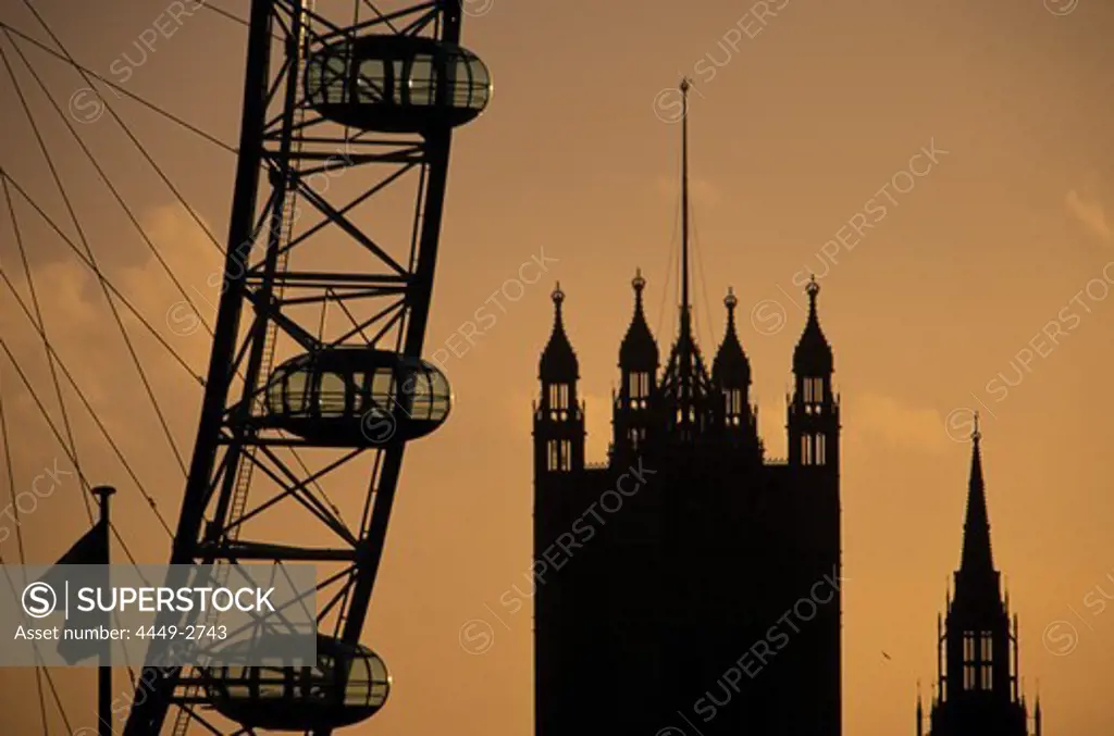 Detail of the London Eye and Westminster Palace at dusk, London, England, Great Britain, Europe