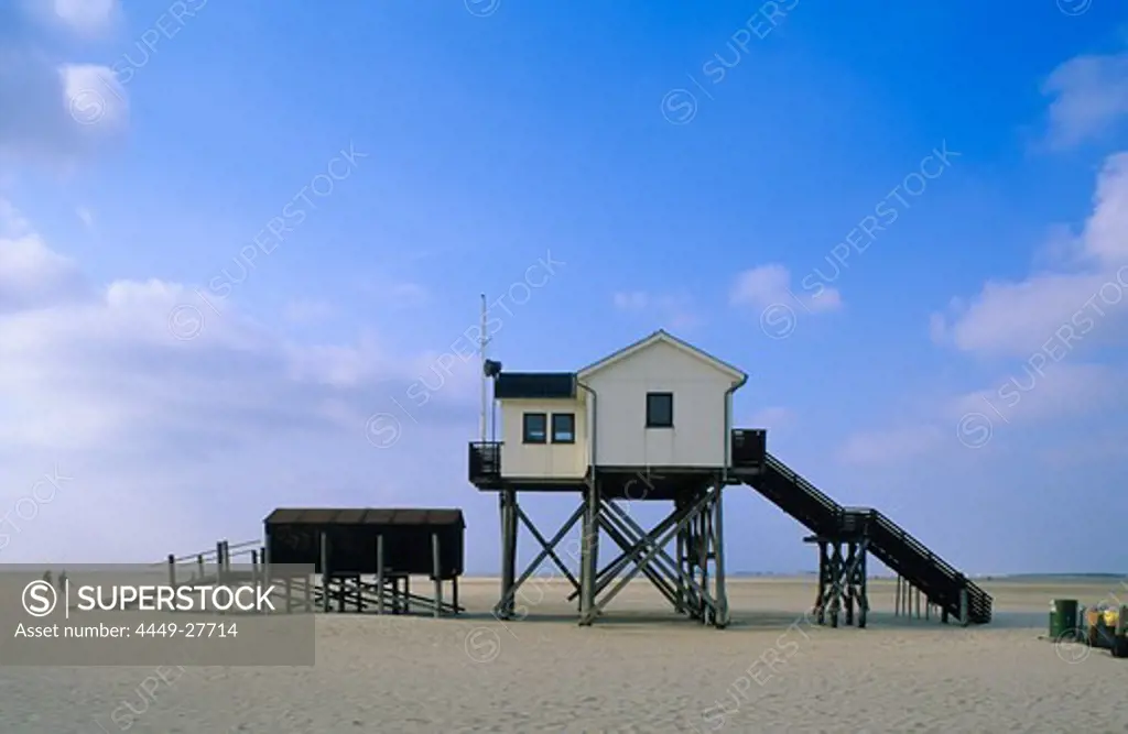 Stilted house on the beach, St. Peter Ording, Eiderstedt peninsula, Schleswig Holstein, Germany, Europe