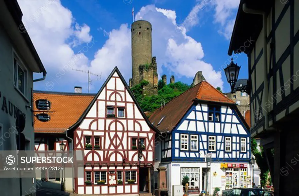 Europe, Germany, Hesse, Eppstein, half-timbered houses with castle ruins in the background