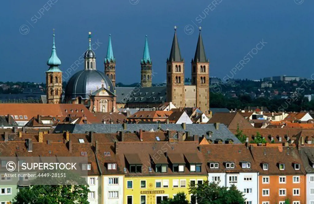 Europe, Germany, Bavaria, Wuerzburg, view over the city with Cathedral Saint Kilian and town hall