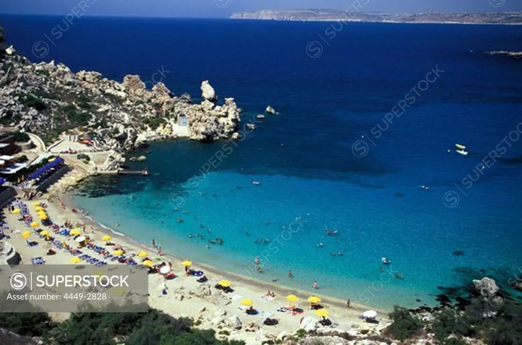 High angle view of beach at Paradise Bay, Malta, Europe