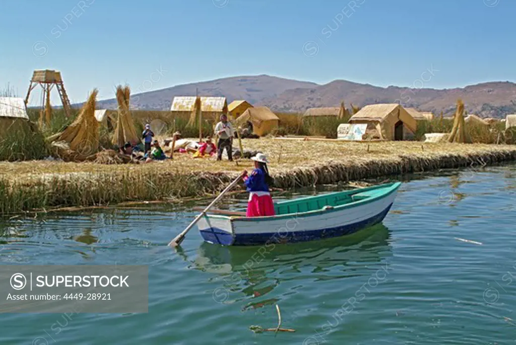 Indigenous people of the Uros on a reef Island, Lake Titicaca, Peru, South America
