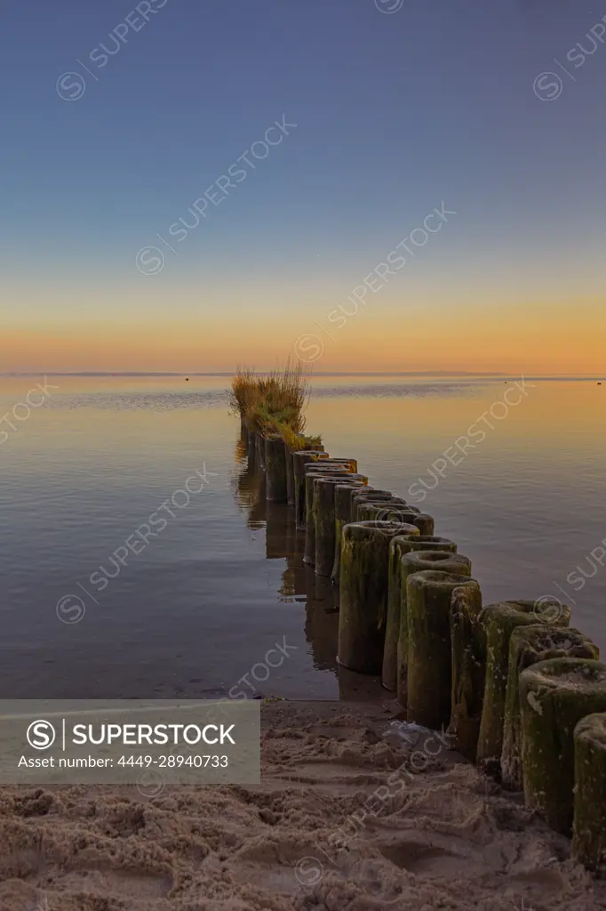 Buhlen on the Baltic Sea coast near Uckermünde at sunrise. Baltic Sea, Szczecin Lagoon, Mecklenburg-West Pomerania, Germany, Europe