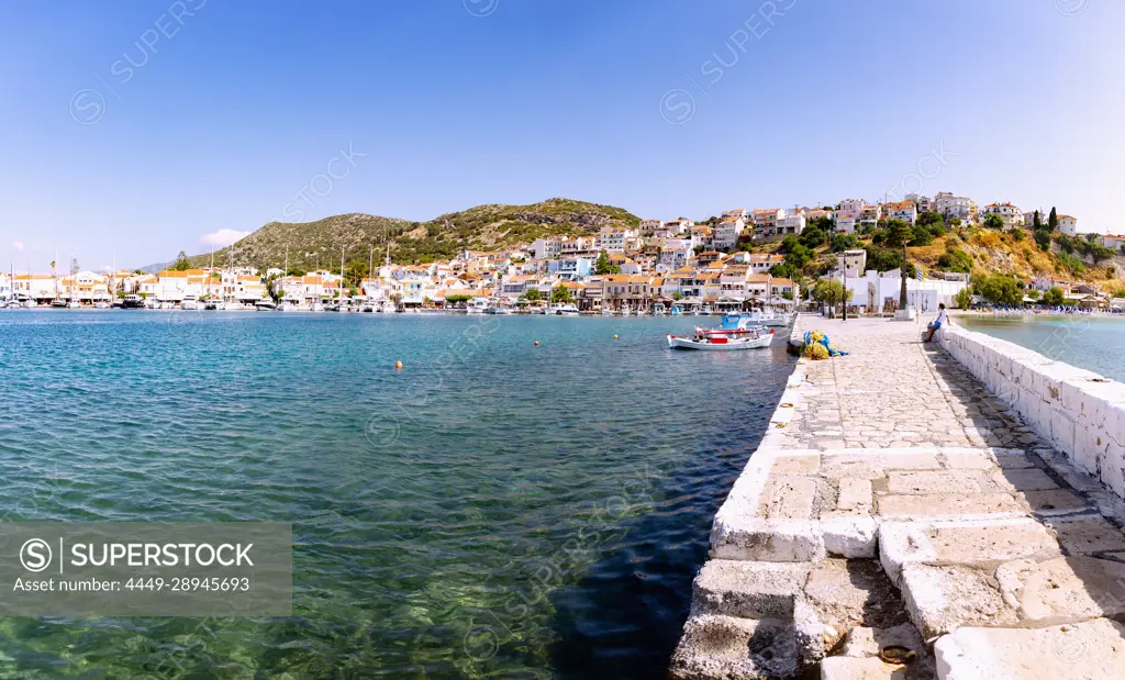 Ancient pier, old town and fishing port of Pythagorion on Samos island in Greece