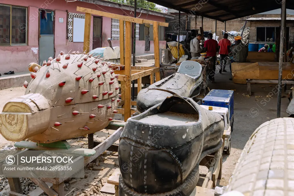 Coffin workshop of Lori Sanan in Teshie-Nungua in the Greater Accra region of eastern Ghana in West Africa