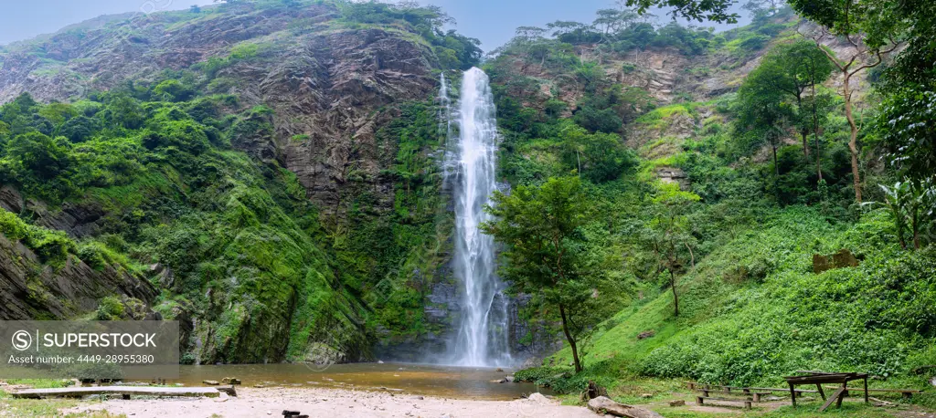 Wli Waterfall in Agumatsa Nature Reserve in the rainforest landscape near Hohoe in the Volta Region of eastern Ghana in West Africa