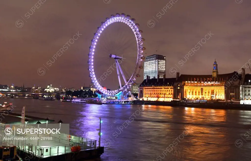 The London Eye on the Thames at night, London, England, Britain, United Kingdom