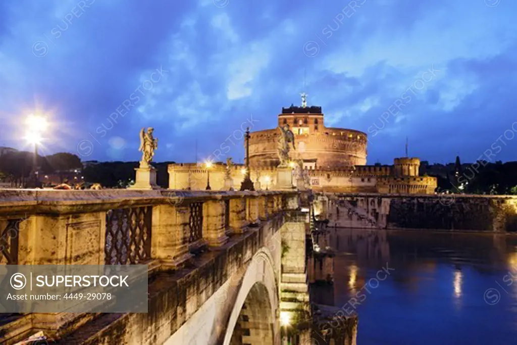 Castel Sant'Angelo and Ponte Sant'Angelo in the evening, Rome, Italy