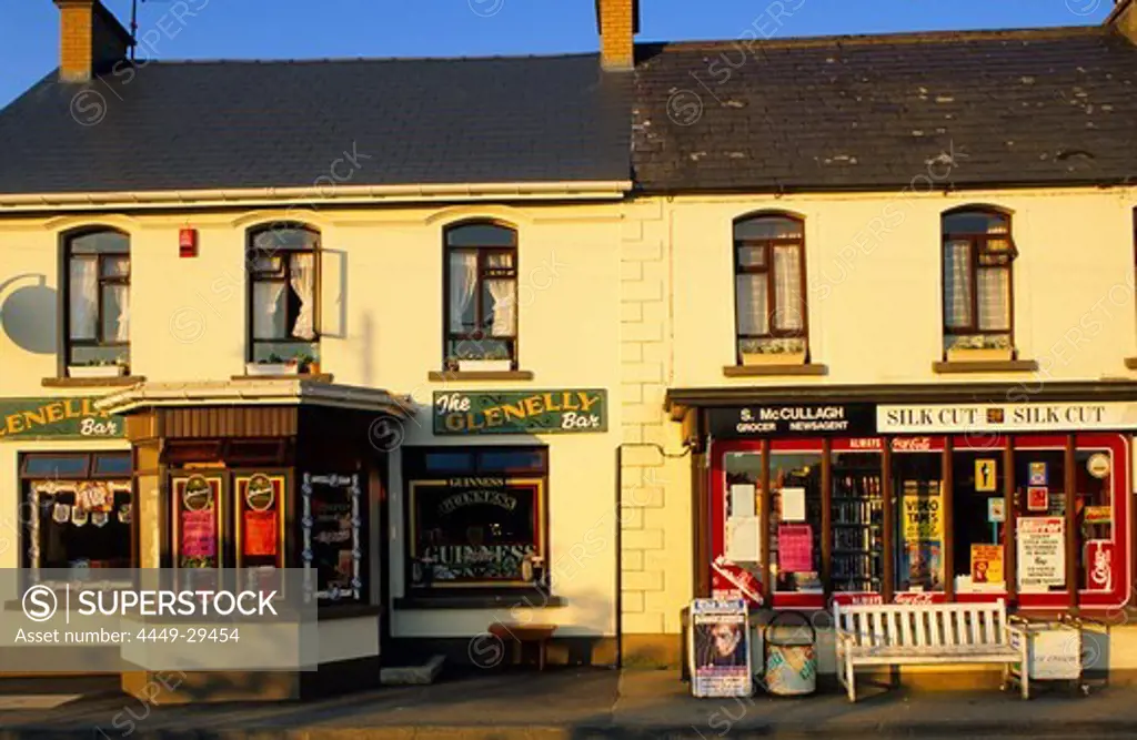 A shop and a bar in the sunlight, Newtonstewart, County Tyrone, Ireland, Europe